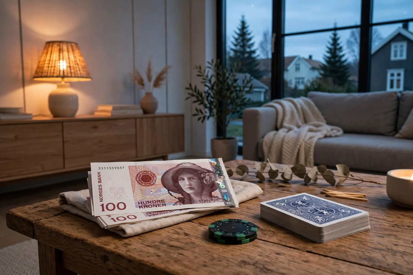Norske 100-kronersedler med jetong og kort på stuebord i moderne norsk hjem