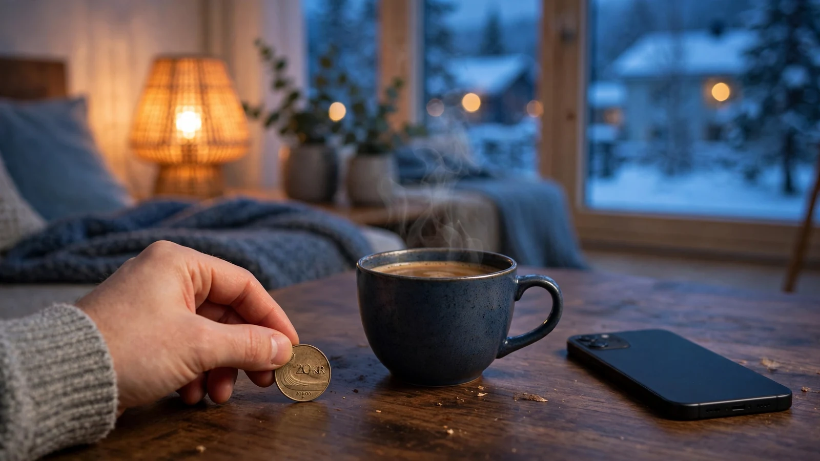 Hånd som legger en 20-krone mynt på et bord ved siden av en telefon i et koselig norsk hjem