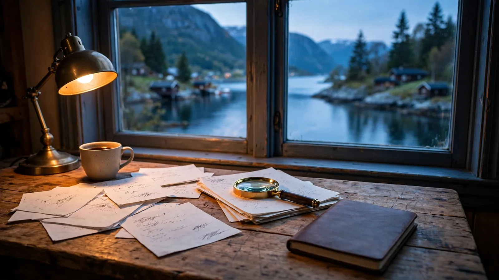 Redaksjonelt arbeidsbord med notater og lupe ved norsk fjord-vindu