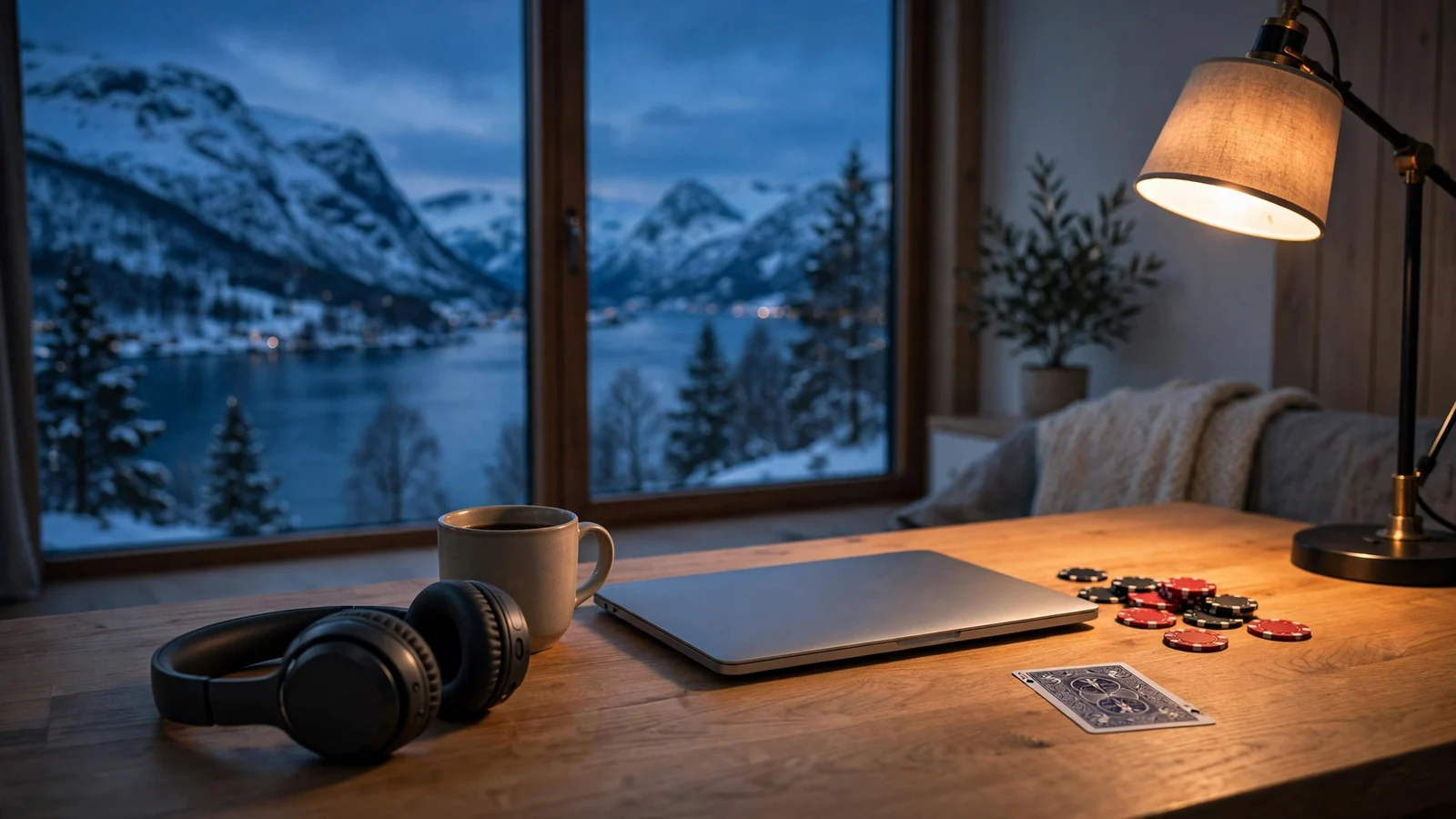 Skandinavisk nattbord med chips, kaffekopp og lukket laptop mot norsk fjord