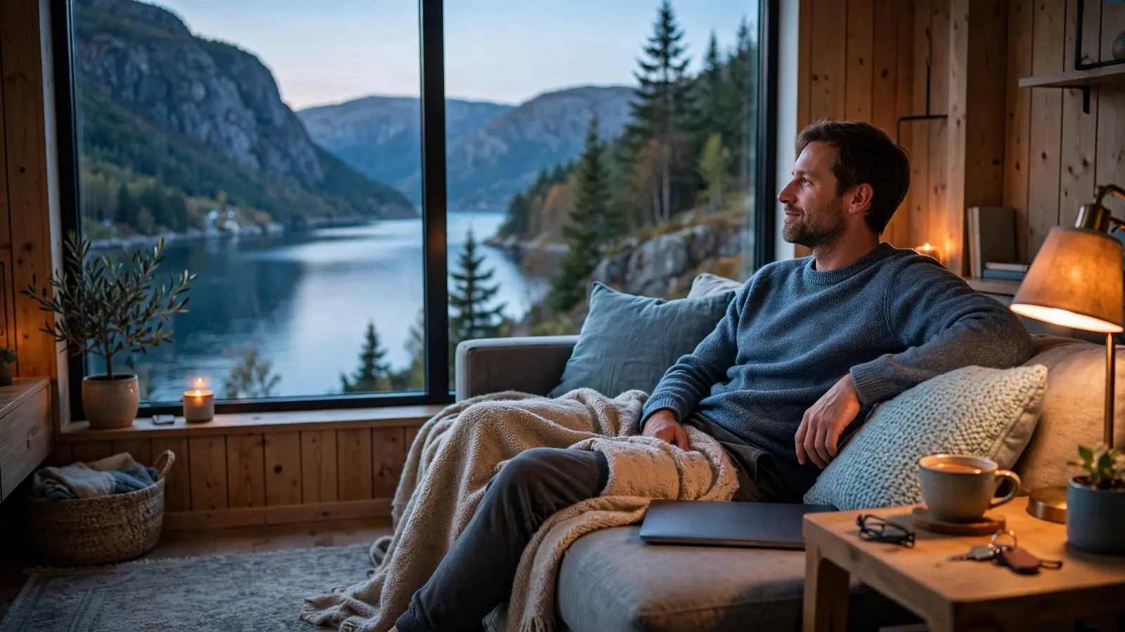 Norsk person i stue med laptop og utsikt over fjord