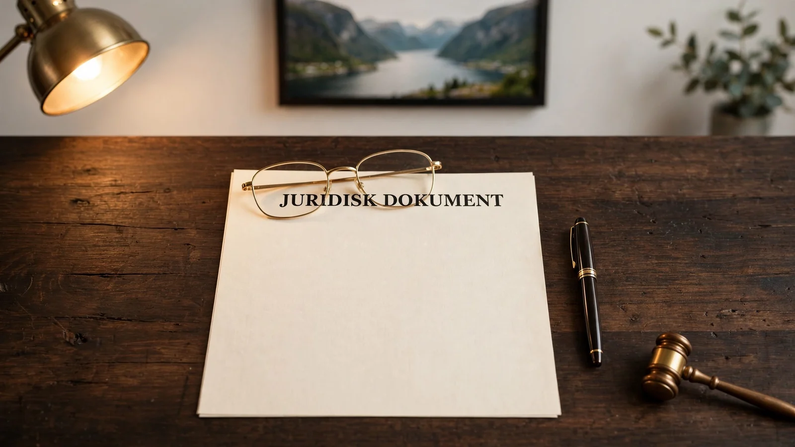 Juridisk dokument med briller og penn på skrivebord