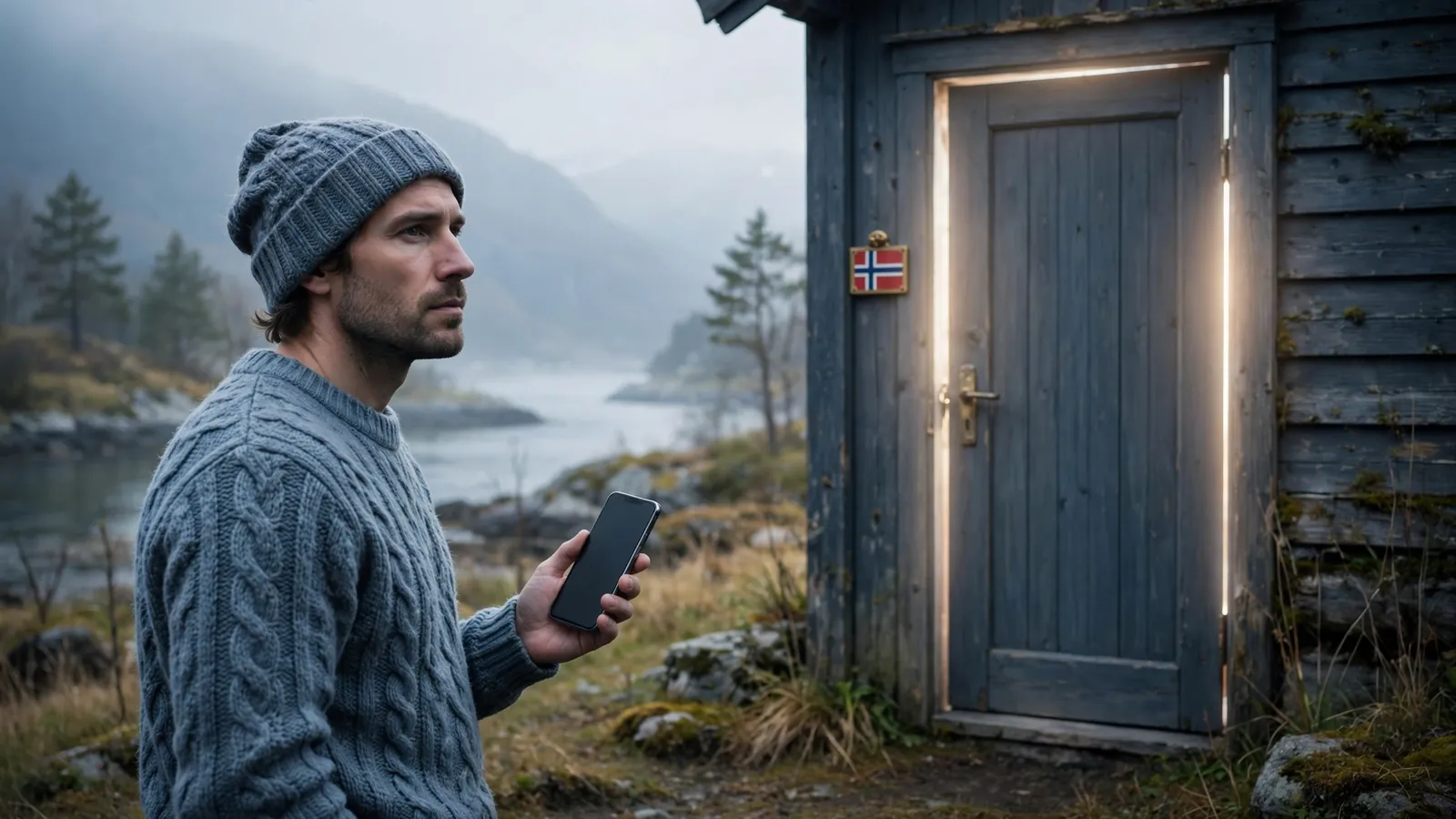 Stengt dør med norsk flagg foran en person med telefon