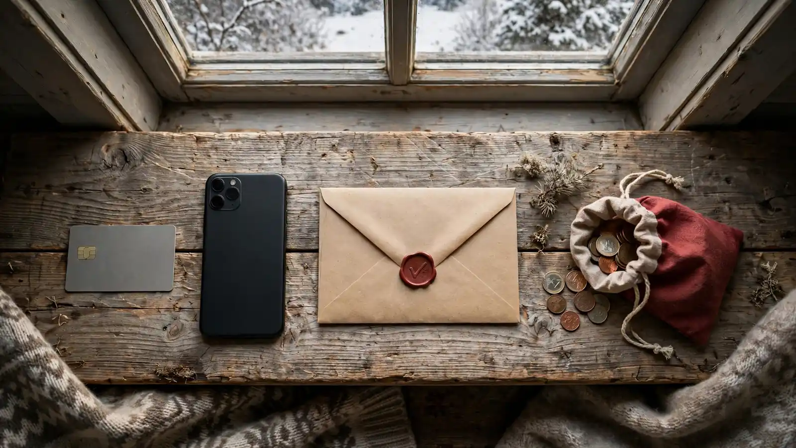 Bord med kort, telefon, konvolutt og pengepose i rekke
