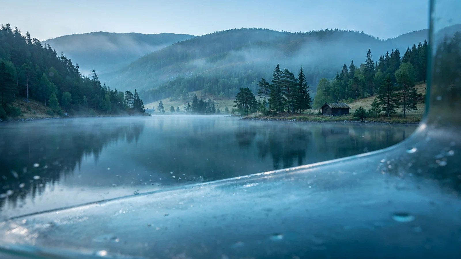 Beskyttende glasskjold over rolig norsk fjord ved daggry