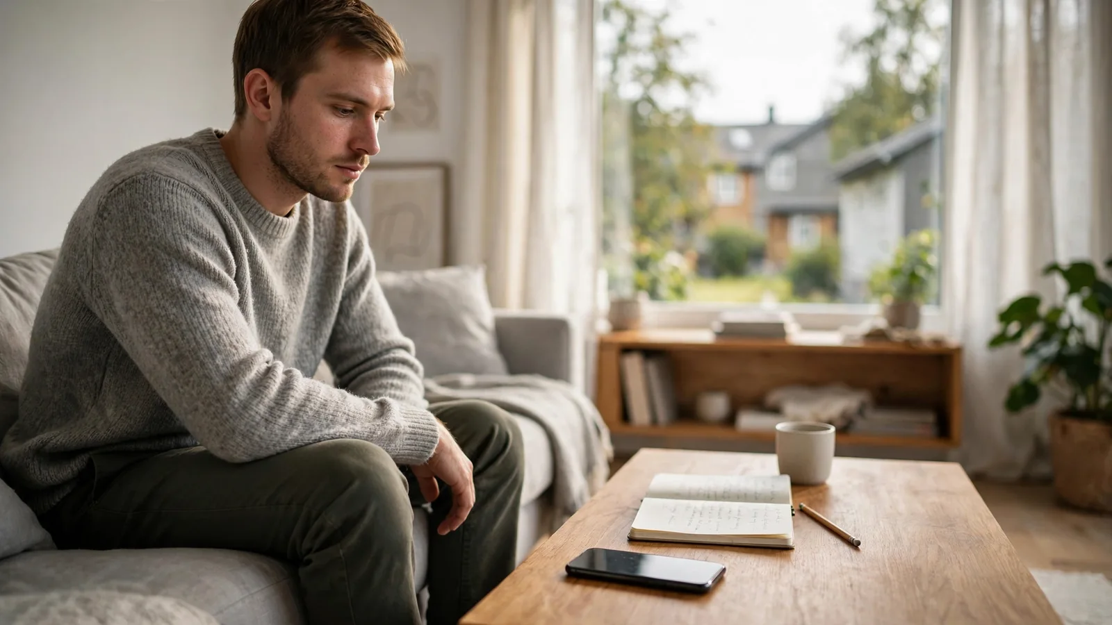 En person i et moderne norsk hjem som reflekterer med telefonen vendt ned
